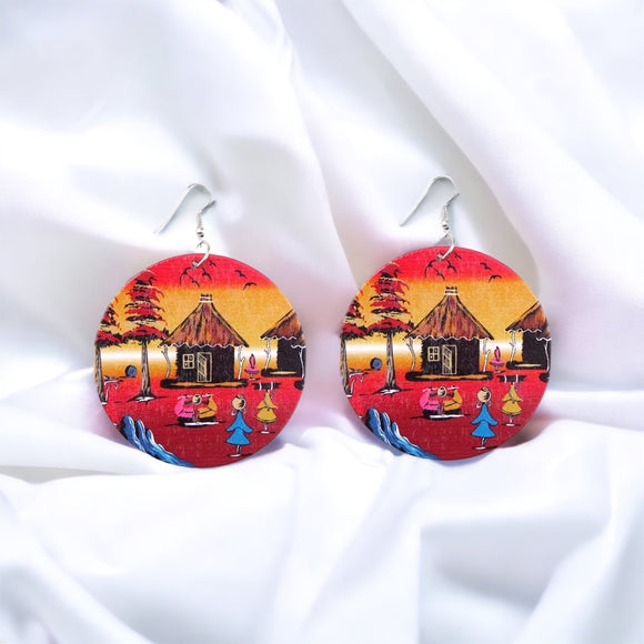 Circle Wooden African Village Earrings